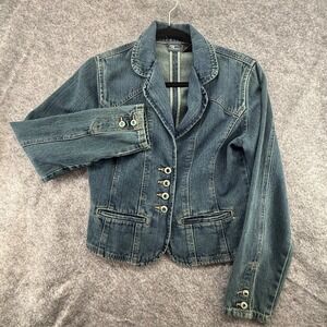 French Cuff Denim Blazer Jacket Women Medium Blue Jeweled Button Y2K Tailored
